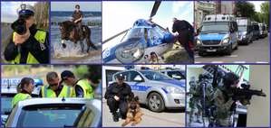 kolaż zdjęć przedstawiających umundurowanych policjantów przy radiowozach i pojazdach policyjnych