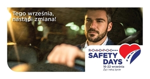 Mężczyzna za kierownicą, napis: tego września nastąpi zmiana, ROADPOL Safety Days – Żyj i ratuj życie