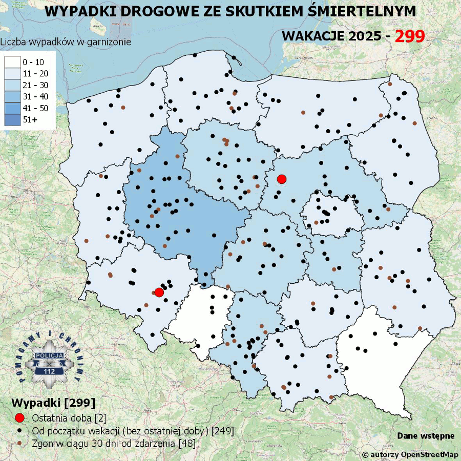 Mapa prezentująca liczbę wypadków poprzedniej doby w Polsce. Prezentowane dane są dostępne w tekście poniżej.