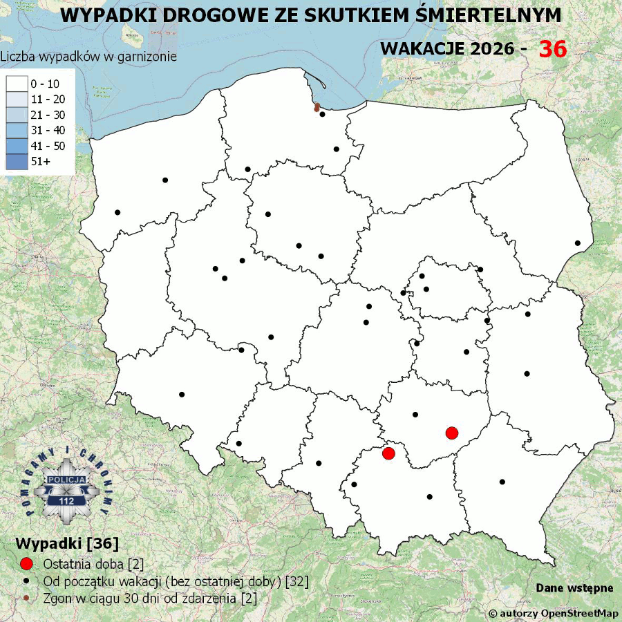 Mapa prezentująca liczbę wypadków poprzedniej doby w Polsce. Prezentowane dane są dostępne w tekście poniżej.