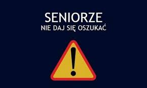 napis: seniorze nie daj się oszukać, znak ostrzegawczy z wykrzyknikiem koloru żółtego