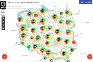 Mapa Polski z kołowymi wykresami dotyczącymi krajowej mapy zagrożeń bezpieczeństwa